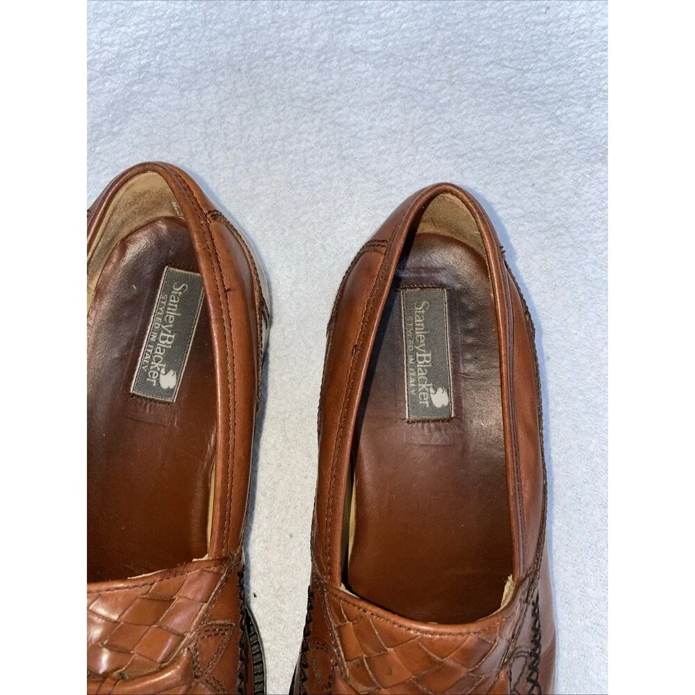 Stanley Blacker Men’s Woven Leather Tassel Loafers Brown Size 11 M Italy Style